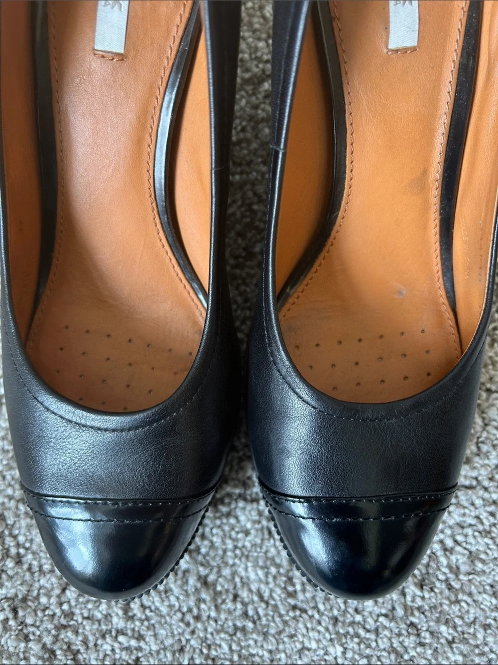 Geox Respira Black Leather Wedge Pumps with Cap Toe